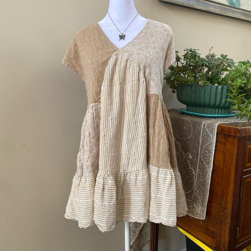 American Eagle Boho Earthy Whimsy Cream & White Patchwork Swing Dress Sz S